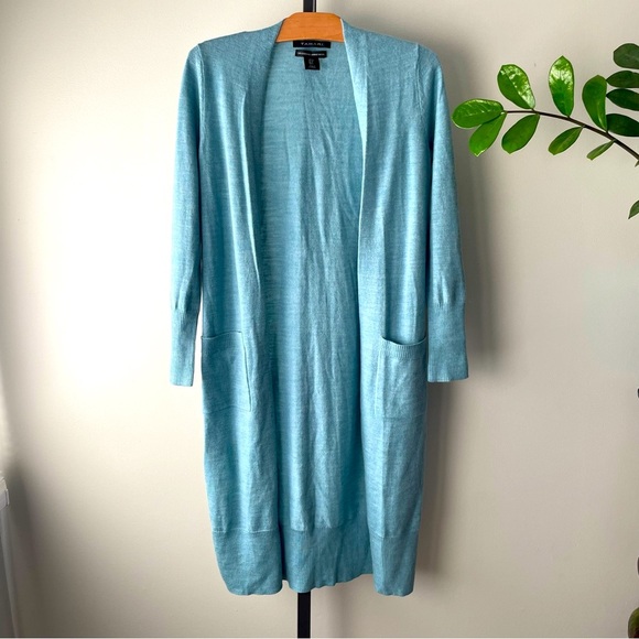 Tahari 100% Merino Wool Long Longline Open Knit Cardigan Sweater Ice Blue Small - Picture 1 of 10